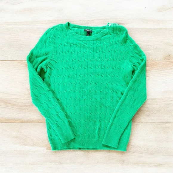 Talbots Kelly Green Cable Knit Lambs Wool Blend Pullover Sweater Size Med PETITE - Picture 1 of 9